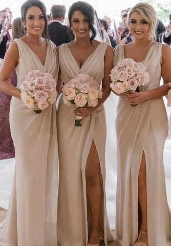 Sexy Sleeveless Sheath Deep V-neck Front Split Bridesmaid Dress With Ruching