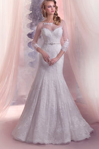 Mermaid Floor-Length Bateau-Neck Illusion-Sleeve Lace-Up Lace Dress With Beading