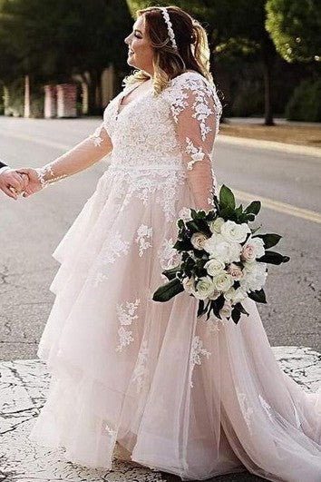 Romantic A Line Lace Floor-length Train Long Sleeve Wedding Dress with Appliques