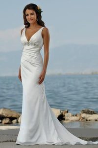 Sexy V Neck sheath Sweep Train Beaded Beach Wedding Dresses