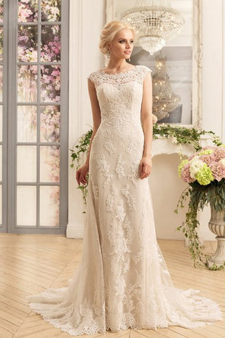 Sheath Floor-Length Scoop Cap-Sleeve Illusion Lace Dress With Appliques