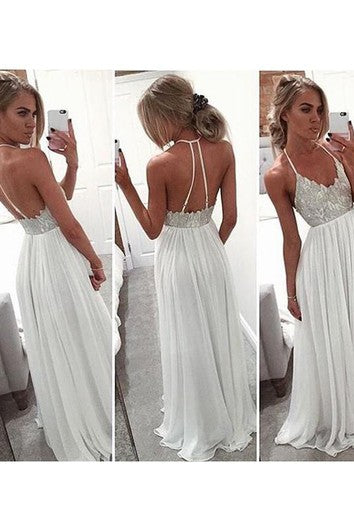 A-line Halter Sleeveless Chiffon Beading Sweep Train Dresses