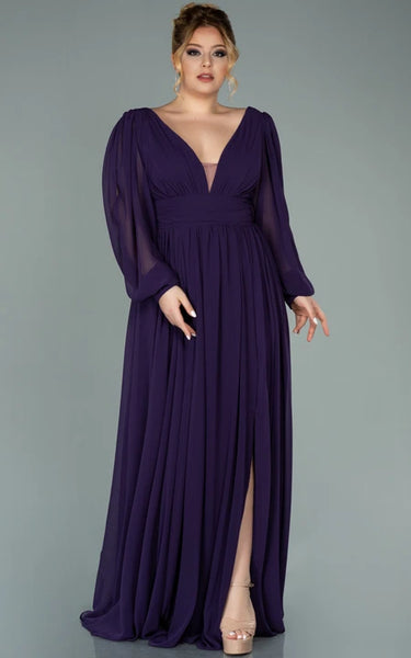 Chiffon V-neck Long Sleeve Front Split Pleated Evning Plus Size Dress