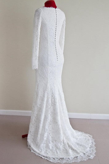 Lace Bateau Neck Long Sleeve Mermaid Wedding Dress With Buttoned Back