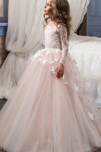 Tulle Bateau Long Sleeves Ball Gown Flower Girl Dress with Applique