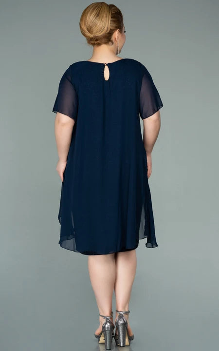 U-Ausschnitt Halbarm Chiffon Pailletten Übergröße Kleid für die Brautmutter