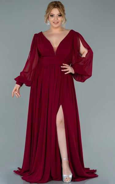 Chiffon V-neck Long Sleeve Front Split Pleated Evning Plus Size Dress