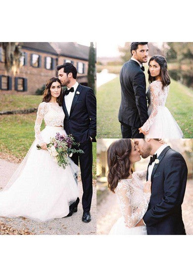 Two Pieces Long Sleeves Lace Bohemian Modest Wedding Dress