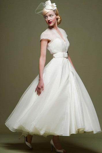 Ankle-Length A-Line Ribboned V-Neck Cap Sleeve Tulle Wedding Dress