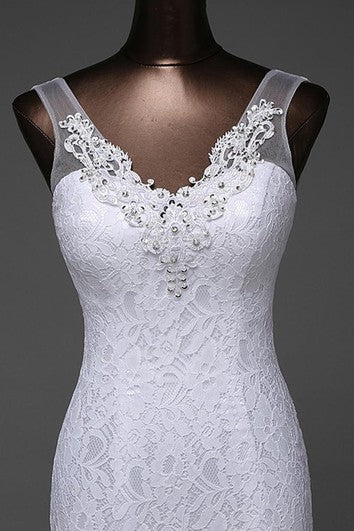 Trumpet V-Neck Sleeveless Beading Sweep Train Lace-Up Back Lace Dress