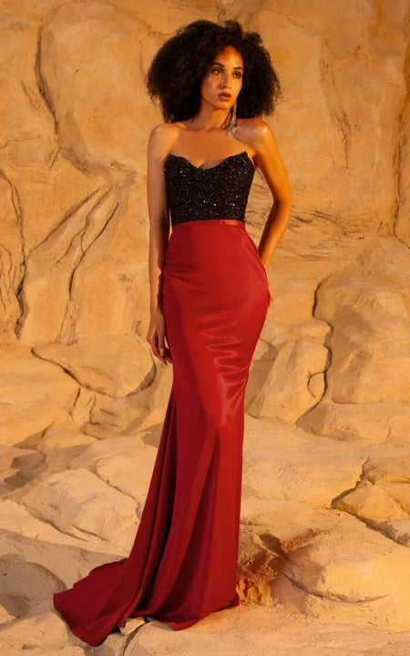 Sexy černo-červené dvoubarevné pouzdrové plesové šaty s odnímatelnou vlečkou