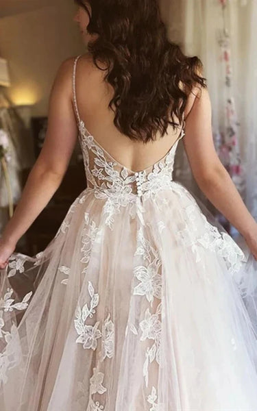 Spaghetti Plunged Lace Applique Empire Elegant Wedding Dress