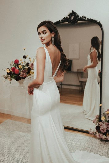 Mermaid V-neck Satin Sexy Wedding Gown With Train And Deep V-back