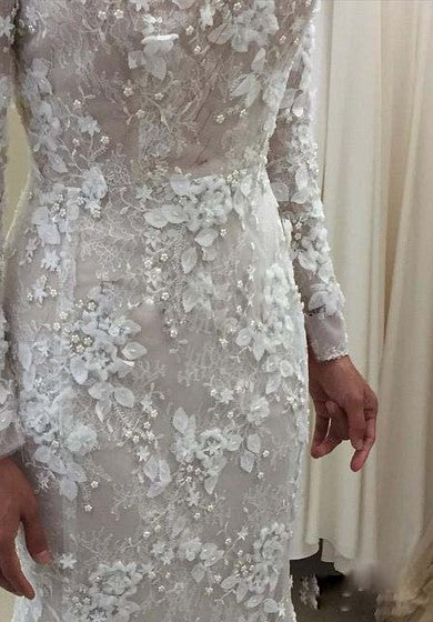 Vintage Long Sleeve 3D-floral Appliques Crystal Mermaid Wedding Dress