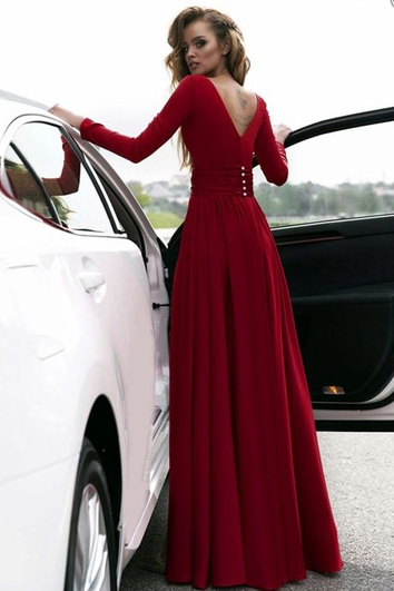 Chiffon Sheath Plunging Long Sleeve Front Split Dress