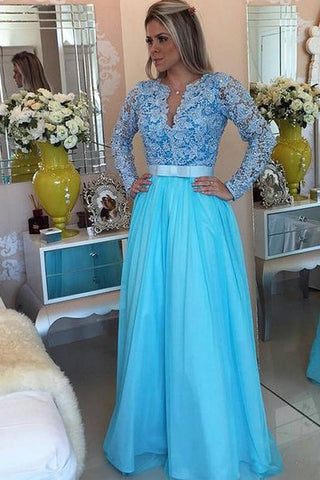 A-line Long Sleeves V-neck Tulle Applique Floor-Length Dresses