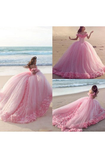 Fairy Pink Off-the-Shoulder Wedding Dress Tulle Ball Gown With Train