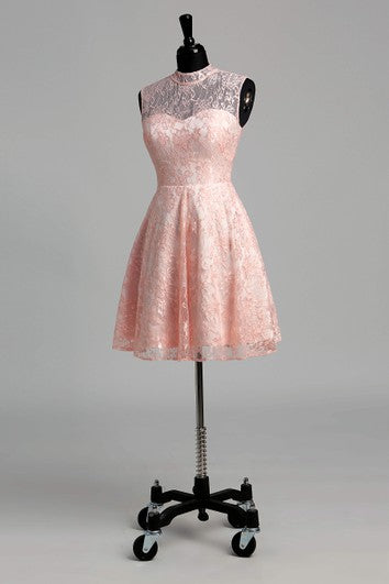 Robe courte/mini en dentelle simple à col montant et coupe trapèze sans manches