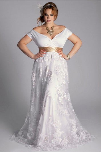 Plus Size Off-Shoulder A-Line Vintage Lace Floor Length Wedding Gown With Sash