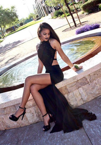 Sexy Black Halter Sleeveless 2022 Prom Dresses Slit Appliques