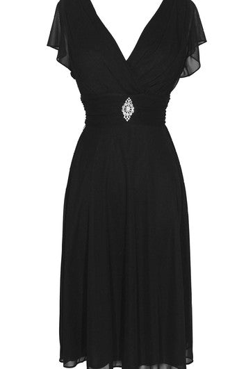 Šaty z šifónu s krátkým rukávem, výstřihem do V a délkou ke kolenům s korálkovou výzdobou