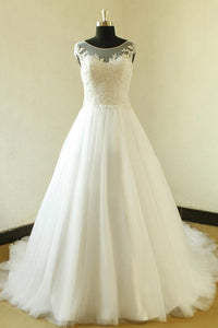 Cap Sleeve A-Line Tulle Dress With Lace Bodice and Illusion Back