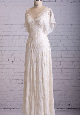 Vintage Inspire Lace 1920s Retro Casual V-Neck Sheath Flutter Butterfly Sleeves Wedding Dress