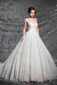 Ball Gown Floor-Length V-Neck Cap-Sleeve Corset-Back Lace Dress With Appliques And Pleats