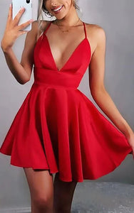 Sexy Red Spaghetti Plunged Empire A-line Short Cocktail Dress