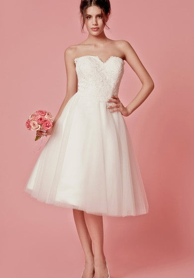 Aristocratic Cap-sleeve High Neck Tea-length Dress With Lace Top