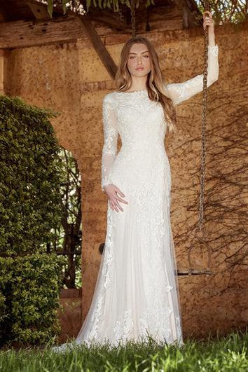 Sheath Long-Sleeve High Neck Tulle&Lace Wedding Dress With Sweep Train