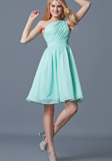 Sassy One Shoulder Pleated Short Chiffon Dress With Bow