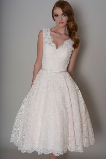 Tea-Length A-Line Appliqued V-Neck Sleeveless Lace Wedding Dress