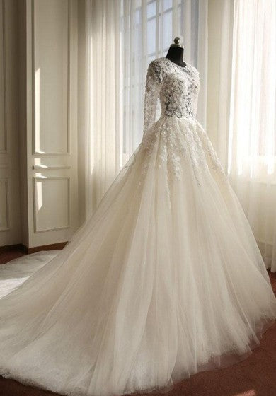 Appliques a campana a campana a maniche lunghe a-riga vestito in pizzo in pizzo con cerniera