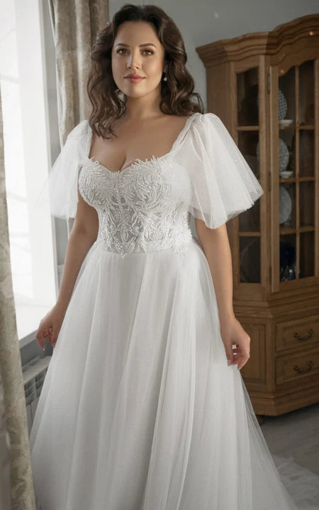 Adorable Plus Size A-line Short Bell Sleeve Tulle Wedding Dress with Beadings