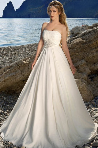 A-Line Floor-Length Strapless Sleeveless Backless Chiffon Dress With Waist Jewellery And Ruching