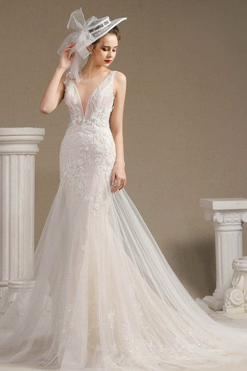 Illusion Plunging Mermaid Sleeveless Lace Open Back Wedding Dress With Appliques And Chapel Train