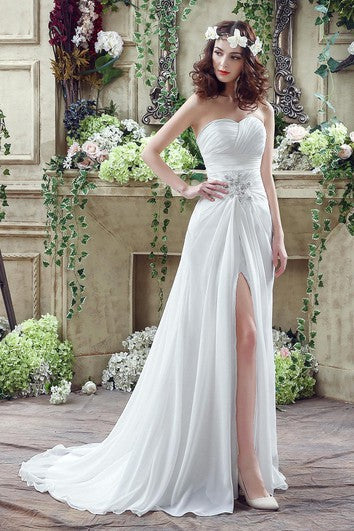 Sexy Front Split White Wedding Dress Beadings Sweetheart Sleeveless