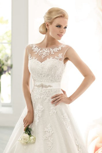 A-Line Floor-Length Bateau Cap-Sleeve Corset-Back Lace Dress With Appliques And Waist Jewellery