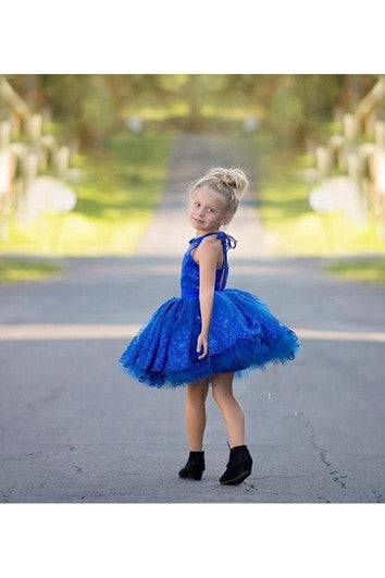 Newest Royal Blue Lace Appliques Flower Girl Dress Halter Puffy Mini