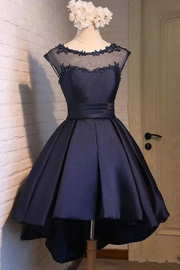 Bateau A-line High-low Short Sleeve Satin Prom Dress with Lace-up Back