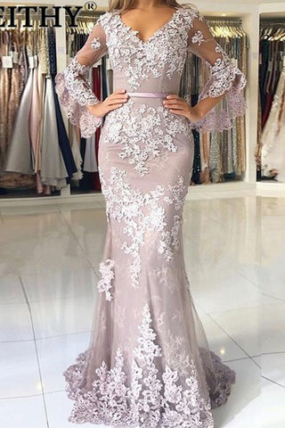 Lace Floor-length Sweep Train Trumpet 3/4 Length Sleeve Elegant Evening Dress