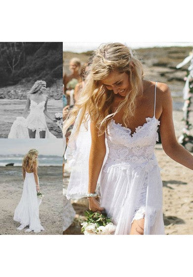 Strandziel Elopement Einfaches/lässiges Spaghetti-Spitzen-Brautkleid mit rückenfreiem Rücken und Applikationen vorne