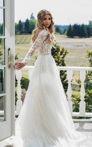 Illusion Long Sleeve Chiffon Keyhole Back Chiffon Wedding Dress