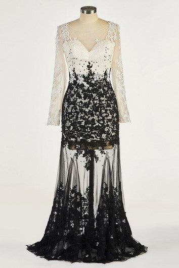 Dlouhé šaty mořská panna Two Tune Sexy s korálkovanou iluzí a aplikacemi na rukávech