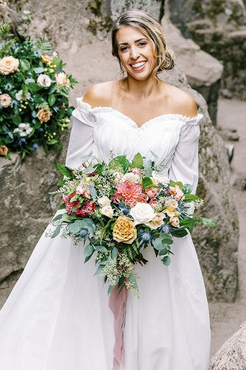 Vestido de novia elegante de gas de gasa con mangas y apliques de 3/4 de hombro
