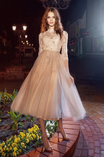 A-Line Tea-Length High Neck Half Sleeve Tulle Illusion Dress With Appliques And Flower