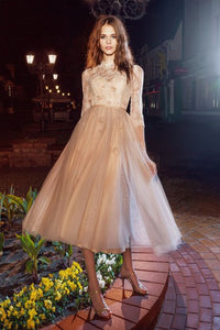 A-Line Tea-Length High Neck Half Sleeve Tulle Illusion Dress With Appliques And Flower