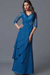 Elegant Long-sleeved V-neck Layered Lace and Chiffon Long Formal Dress