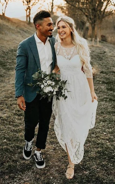 Boho U-Ausschnitt Spitze Langarm Empire Plissee Country Brautkleid